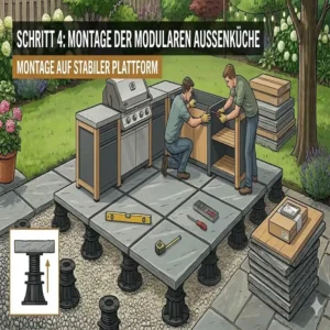 Modulare Elemente einer außenküche ohne fundament aufbauen und auf Platten fixieren.