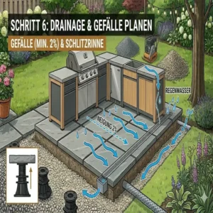 Gefälle und Entwässerung beachten beim außenküche ohne fundament aufbauen im Garten.