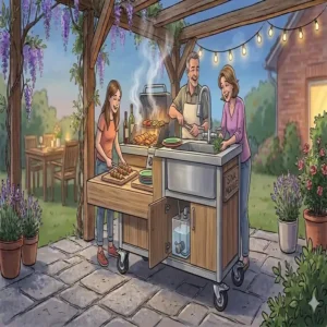 Eine Familie beim gemeinsamen Grillen an der außenküche mobil auf rollen.