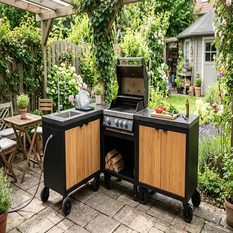 Moderne Außenküche für Mietgarten geeignet mit Rollen und Spüle auf der Terrasse.