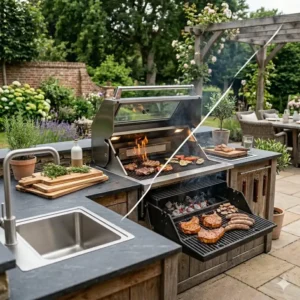 Ein Vergleich zwischen Gas-Einbaugrill und Holzkohle-Modell für die Außenküche.