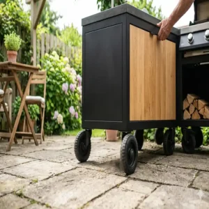 Eine mobile Außenküche für Mietgarten geeignet dank stabiler Schwerlastrollen.