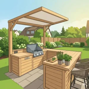 Illustration einer mobilen Grillstation als genehmigungsfreie außenküche baurecht deutschland.