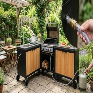 Kompakter Gasgrill einer Außenküche für Mietgarten geeignet ohne Festinstallation.