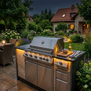 Close-up view of the stainless steel surfaces of the bbq grill für gartenküche profi.
