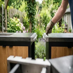 Modulare Arbeitsplatten der Außenküche für Mietgarten geeignet für flexible Nutzung.