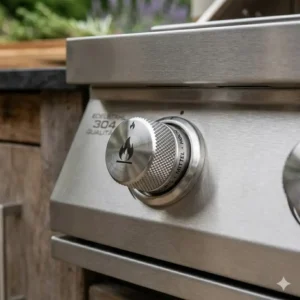 Detailaufnahme der Materialqualität eines Edelstahl-Einbaugrills für langlebige Außenküchen.