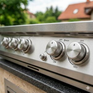 Professional integration of a bbq grill für gartenküche profi into a stone countertop.