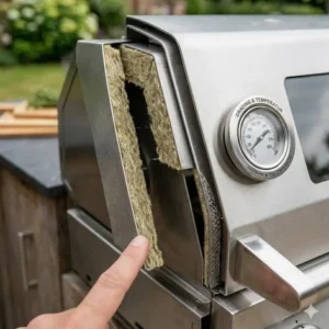 Doppelwandiger Deckel eines Einbaugrills zur Hitzespeicherung in der Außenküche.