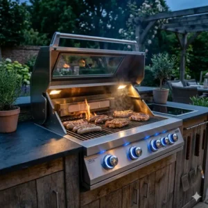 Beleuchtete Bedienelemente eines Einbaugrills für die Nutzung der Außenküche am Abend.