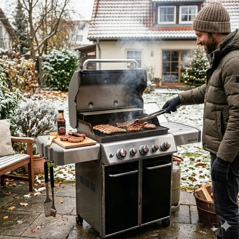 A featured image showing a high-quality bbq grill für ganzjahresnutzung in a winter garden.