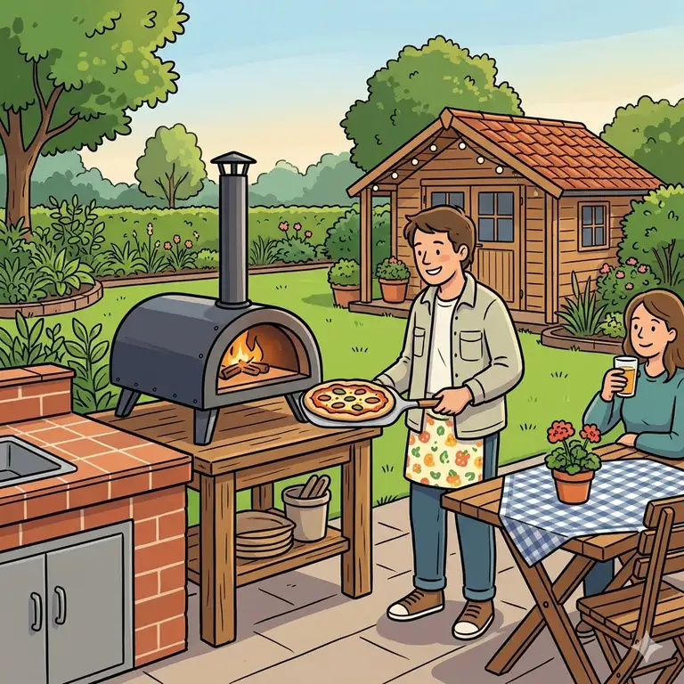 Ein moderner, kompakter pizzaofen für anfänger outdoor auf einem Gartentisch.