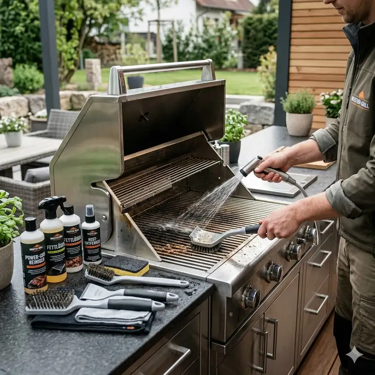Ein modernes grill reinigungssystem außenküche wird an einem hochwertigen Edelstahlgrill angewendet.