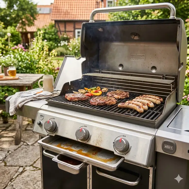 Hochwertiger BBQ grill mit fettauffangsystem für den Garten.