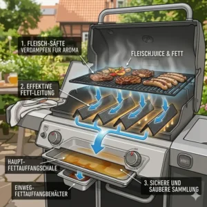 Funktionsweise der Fettleitung beim BBQ grill mit fettauffangsystem.