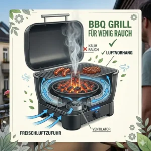 Eine technische Zeichnung über die Funktionsweise von einem bbq grill für wenig rauch.