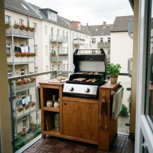 Platzsparender grill für balkon außenküche mit klappbaren Seitenteilen für kleine Flächen