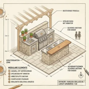 Detaillierter Grundriss und Layout-Plan für eine funktionale grill außenküche für familien.