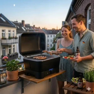 Ein kompakter Tischgrill als idealer bbq grill für wenig rauch für kleine Mietbalkone.