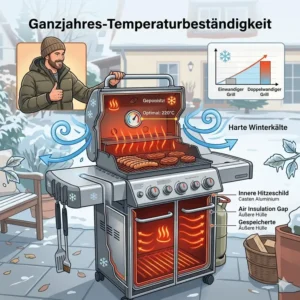 An illustration of someone happily using a bbq grill für ganzjahresnutzung in the snow.