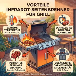Infografik, die die Vorteile und die enorme Hitzeentwicklung beim gasgrill mit infrarotbrenner outdoor zeigt.