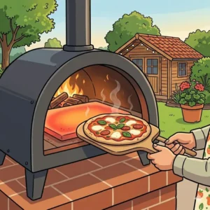 Frische Pizza auf einem Pizzastein im pizzaofen für anfänger outdoor backen.