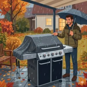 An illustration of a bbq grill für ganzjahresnutzung protected by a cover in autumn.