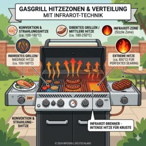 Darstellung der verschiedenen Temperatur- und Hitzeverteilungszonen beim gasgrill mit infrarotbrenner outdoor.
