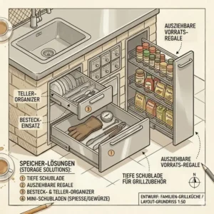 Intelligente Stauraumlösungen und Schubladensysteme für die grill außenküche für familien.