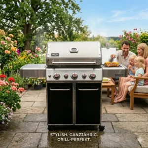 An illustration of a lively summer party around a bbq grill für ganzjahresnutzung.