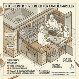 Komfortabler integrierter Sitzbereich direkt an der grill außenküche für familien für gemeinsame Mahlzeiten.