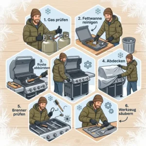 A step-by-step illustration for cleaning and maintaining a bbq grill für ganzjahresnutzung.