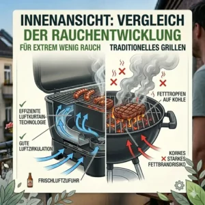 Ein grafischer Vergleich zwischen herkömmlichen Grills und einem bbq grill für wenig rauch.