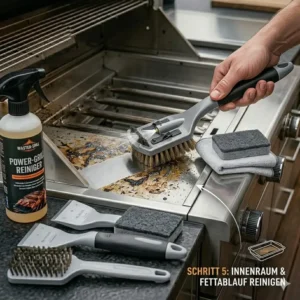 Reinigung des Fettablaufs und Innenraums mit dem grill reinigungssystem außenküche.