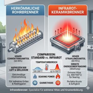 Ein direkter Vergleich zwischen Standardbrennern und der Infrarot-Technik beim gasgrill mit infrarotbrenner outdoor.