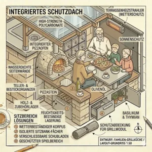 Eine grill außenküche für familien ausgestattet mit einem zusätzlichen traditionellen Pizzaofen.