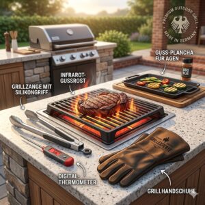 Übersicht über passendes Grillzubehör wie Handschuhe und Thermometer für den gasgrill mit infrarotbrenner outdoor.
