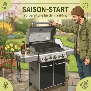 An illustration showing the spring startup of a bbq grill für ganzjahresnutzung.