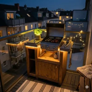 Gemütliches Abendambiente mit einem beleuchteten grill für balkon außenküche.