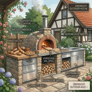 Eine moderne Außenküche mit einem integrierten pizzaofen für brot backen outdoor als Herzstück.