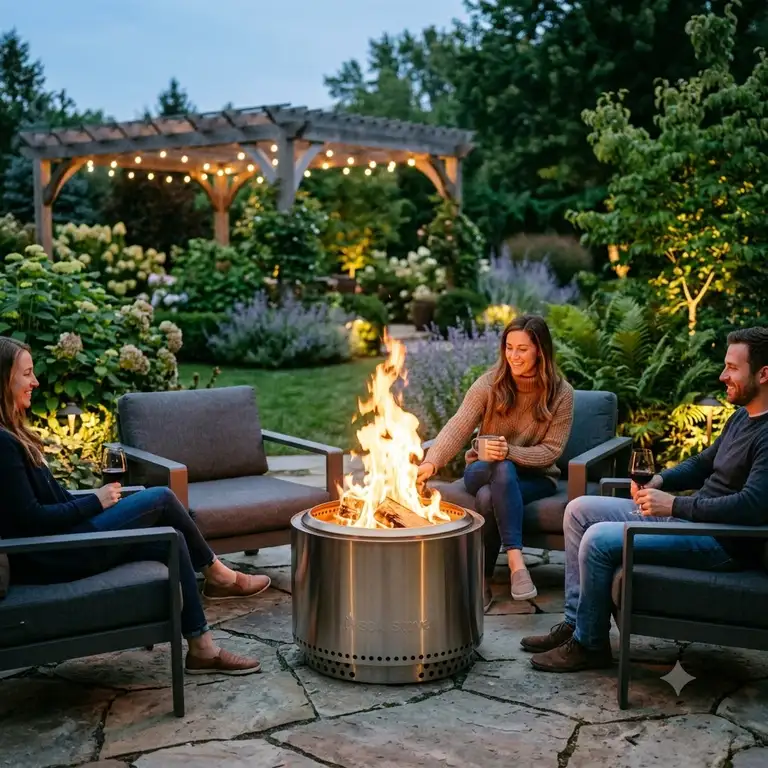 A cozy evening atmosphere in the backyard featuring a modern feuerstelle raucharm garten with warm flames and comfortable seating.