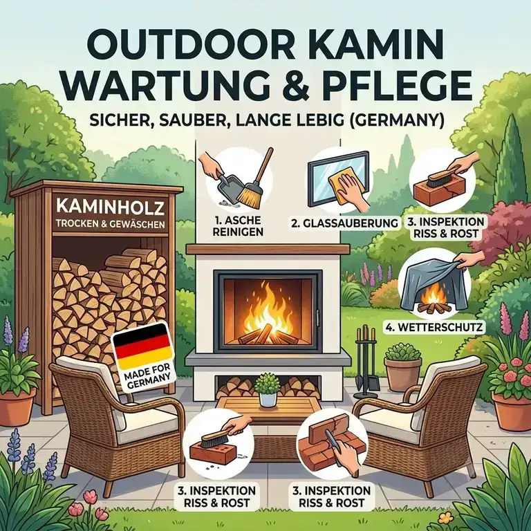 Wichtige Utensilien für die outdoor kamin wartung pflege wie Ascheschaufel und Handbesen.