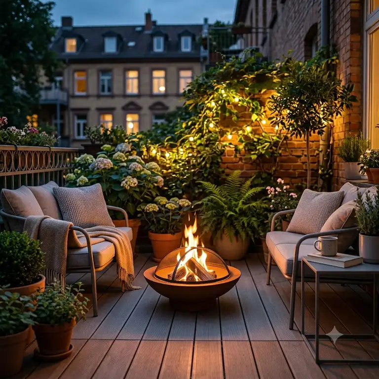 Eine moderne, brennende feuerstelle für kleine terrasse sorgt am Abend für eine gemütliche Atmosphäre.