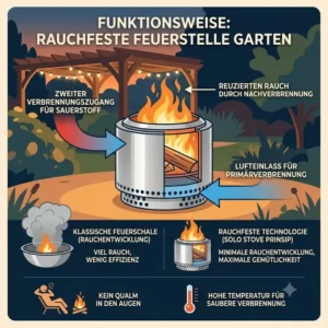 An informative diagram explaining the airflow system and combustion technology of a feuerstelle raucharm garten.
