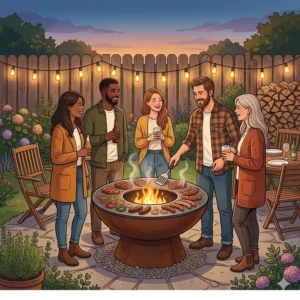 Freunde grillen gemeinsam Fleisch und Gemüse auf einer feuerschale mit kochplatte.