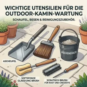 Wichtige Utensilien für die outdoor kamin wartung pflege wie Ascheschaufel und Handbesen.
