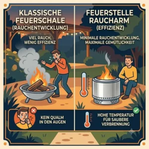 A clear comparison chart showcasing a smoky traditional fire bowl next to an efficient feuerstelle raucharm garten.