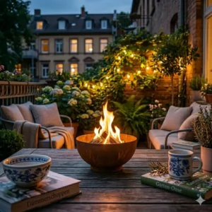 Rauchfreie Gas-feuerstelle für kleine terrasse im modernen, quadratischen Design.