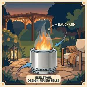A premium stainless steel design of a feuerstelle raucharm garten placed elegantly on a modern garden patio.