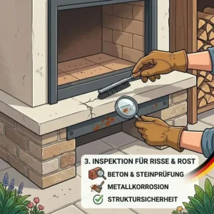 Richtiges Überprüfen auf Risse und Roststellen im Rahmen der outdoor kamin wartung pflege.